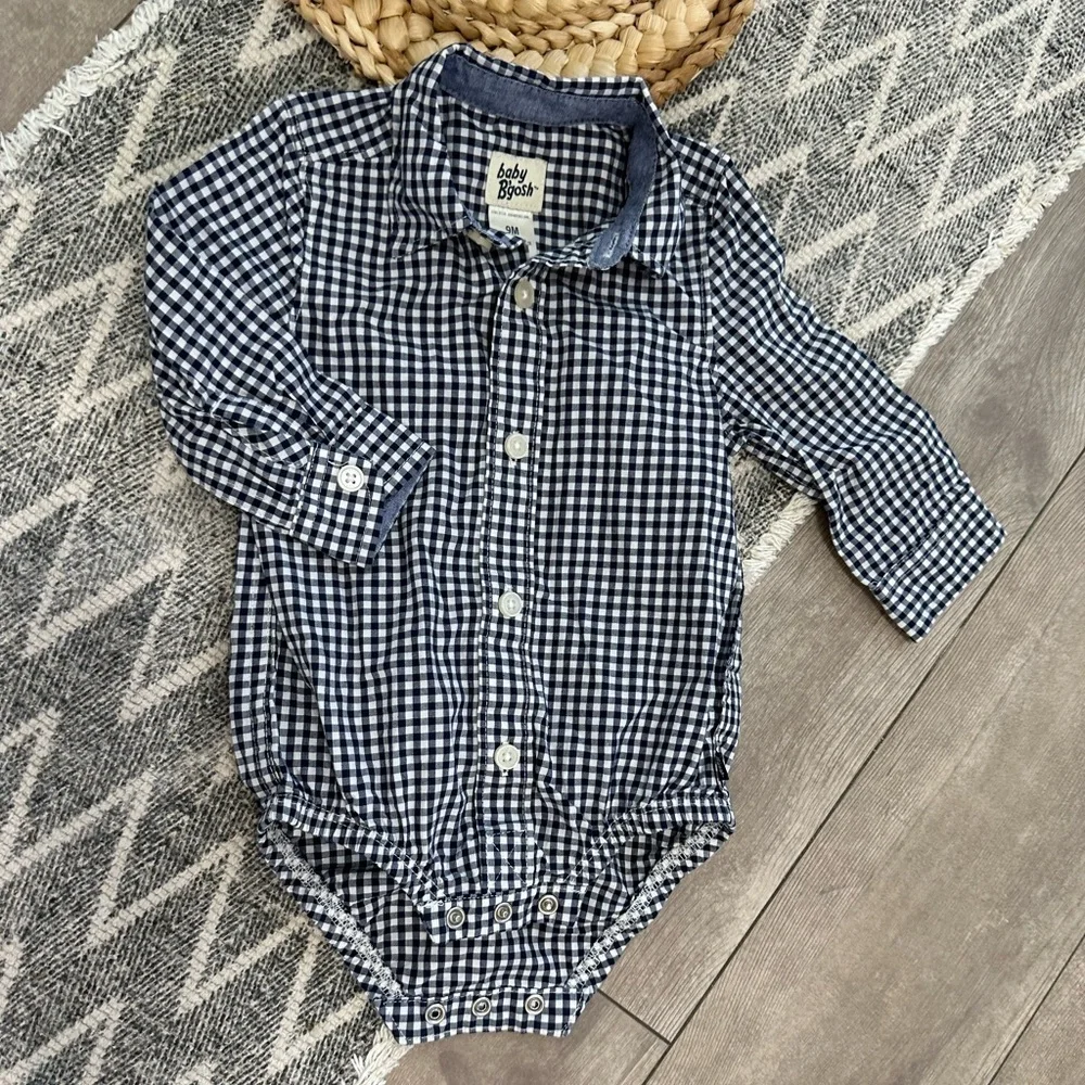 Oshkosh B’Gosh Baby Boy Navy White Gingham Checkered Button-Front Bodysuit